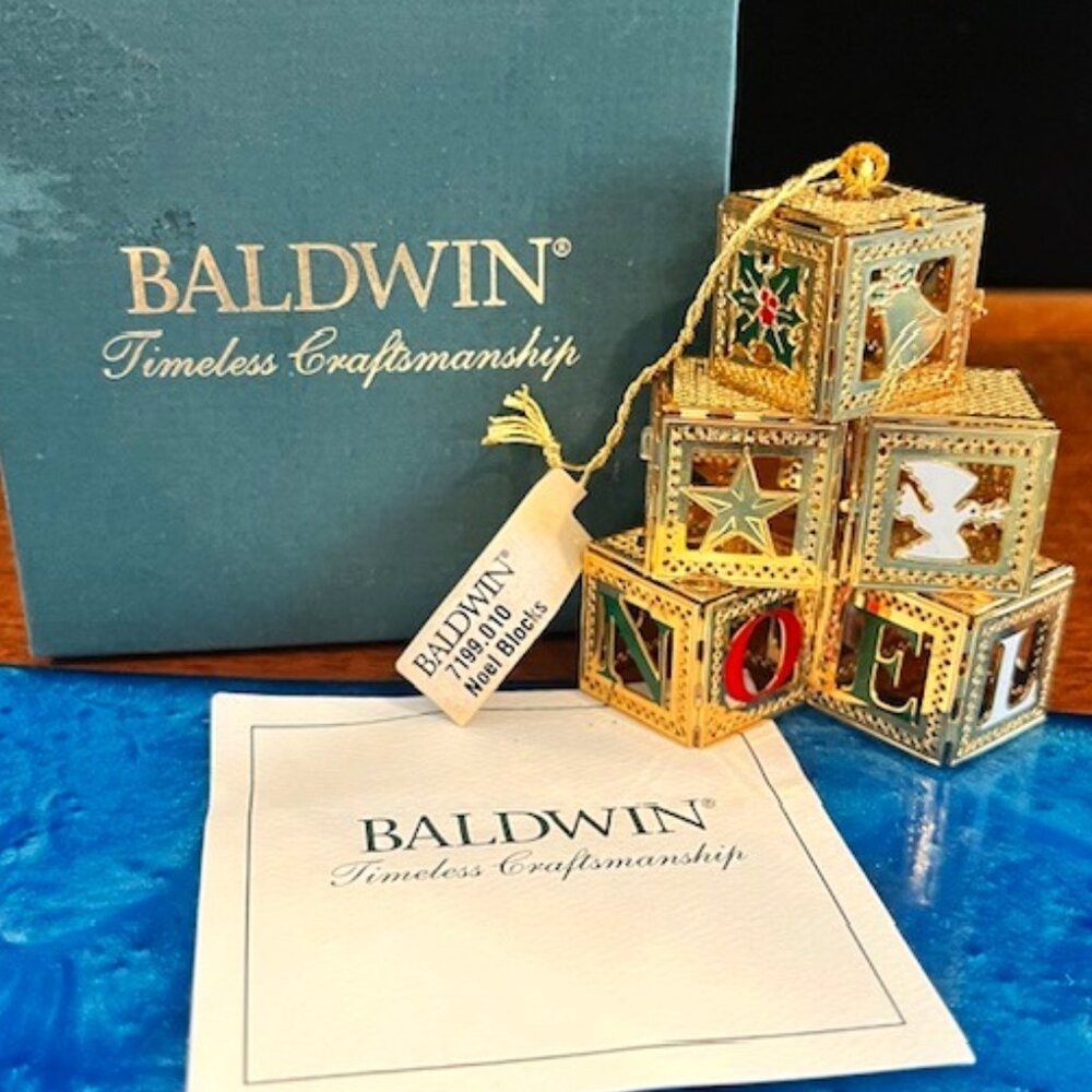 Baldwin 24kt Gold over Brass Noel Blocks Christmas Ornament Dove Holly Star